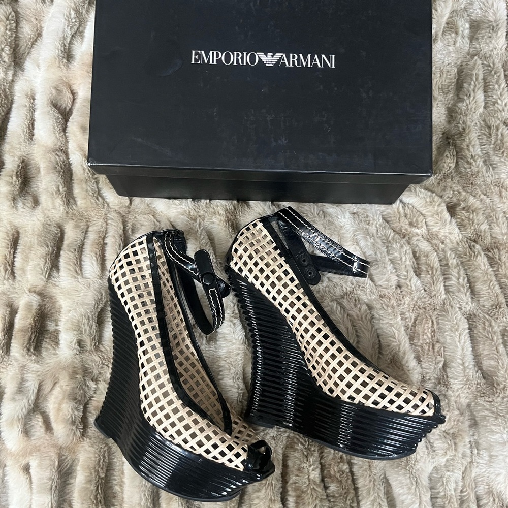 Emporio Armani Black and White Wedge Heels With Box | Designer Heels | Size 41